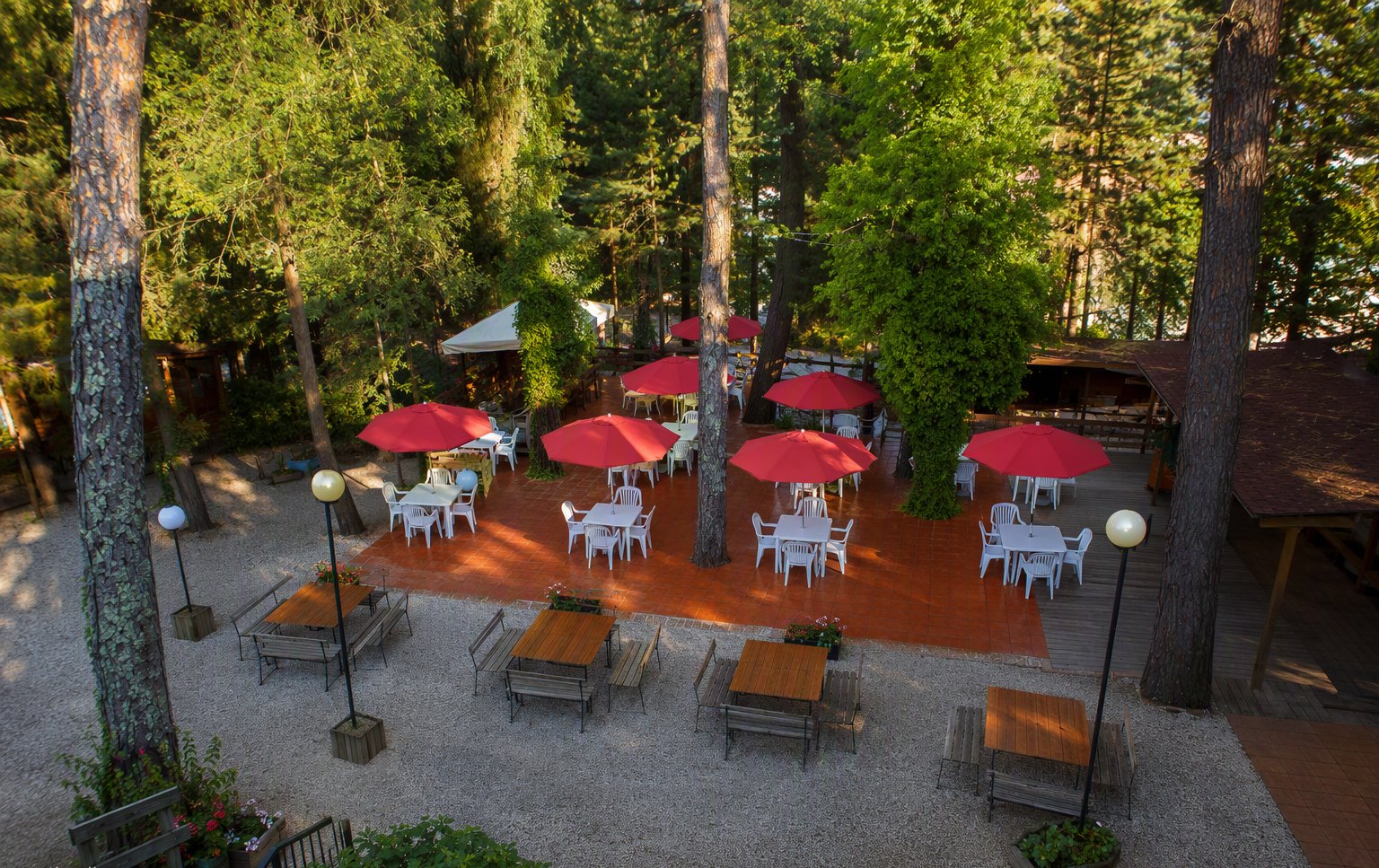 Il giardino di La Pineta visto dall'alto, tra i tavoli bianchi e gli ombrelloni rossi